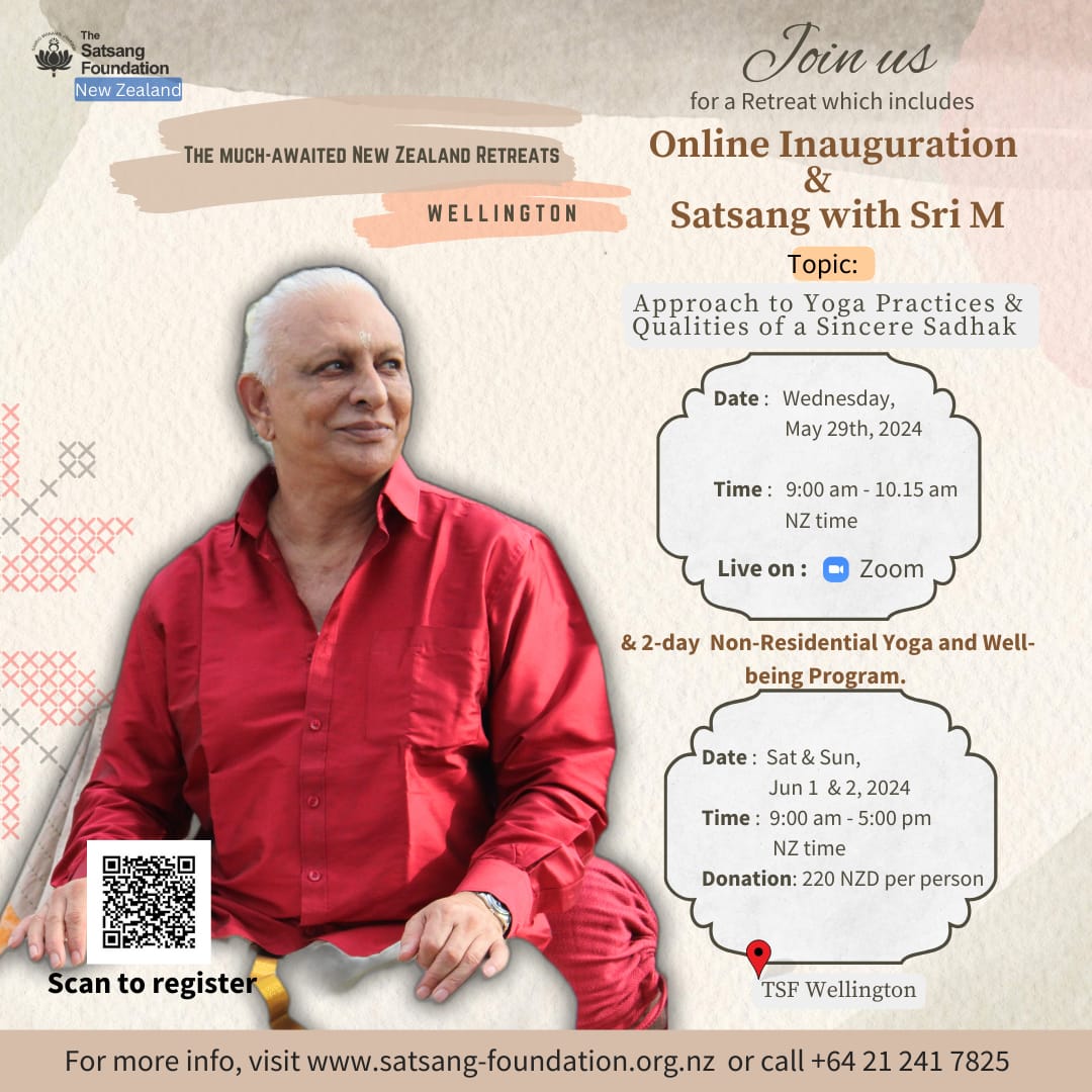 Two day non-residential Yoga and Well-Being Wellington retreat – Inauguration and online Satsang with Sri M